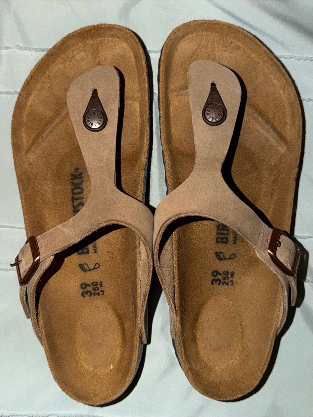 Birkenstock Women's Thong Sandals in Taupe Suede with Bronze Buckles